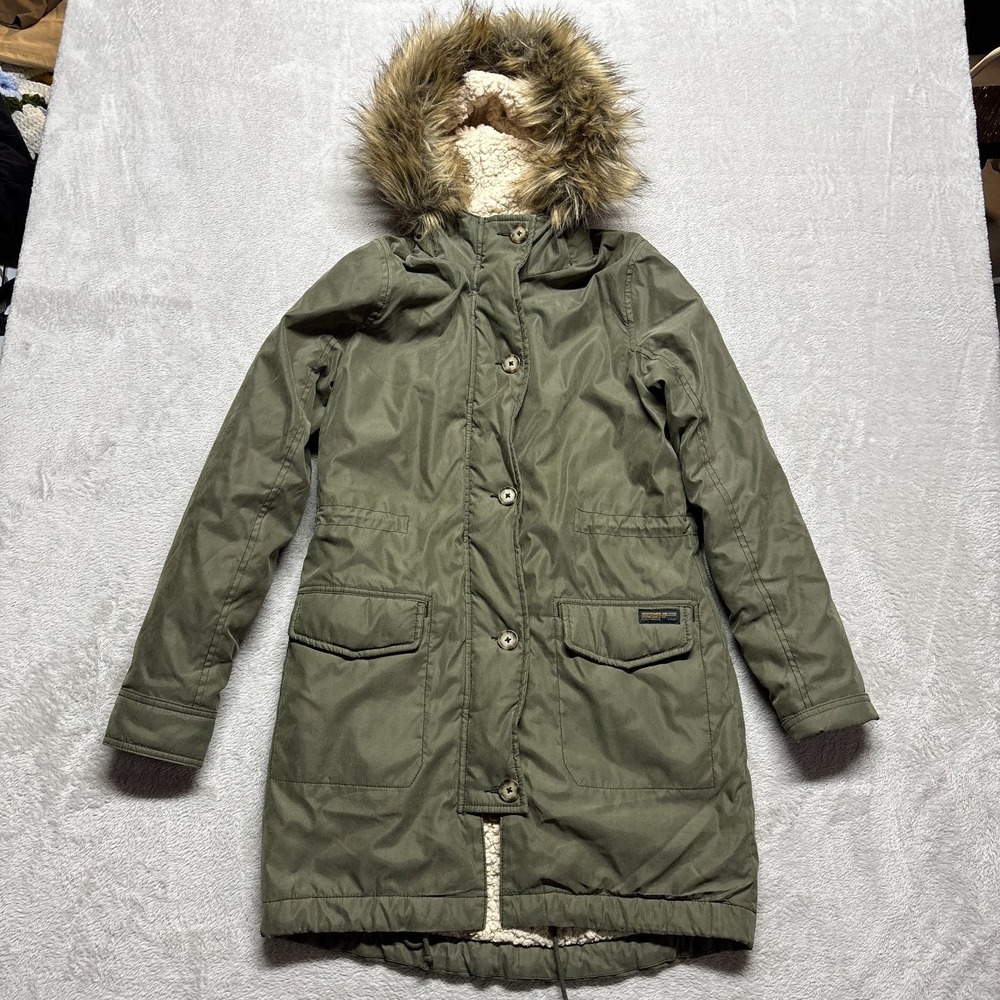 Abercrombie Fitch Parka Jacket Womens XS Sherpa Lined Long Military Coat‎ Green